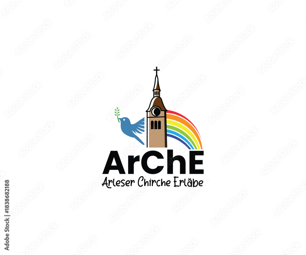 Fototapeta premium Arche Logo With Church Tower, Rainbow, Dove And German Script For Community And Faith Branding