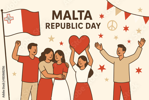 Malta Republic Day Illustration Featuring National Flag Celebration Unity Cultural Heritage Minimal Clean Modern Design