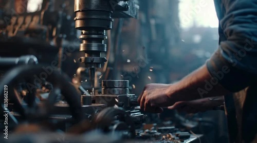 Skilled machinist carefully operating vintage heavy machinery for precise metalworking in a dimly lit factory setting