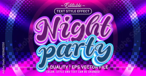 Editable text effect vector “Night Party”, featuring glowing neon style, bold shapes, and energetic vibes inspired by nightlife, music, and vibrant celebration.