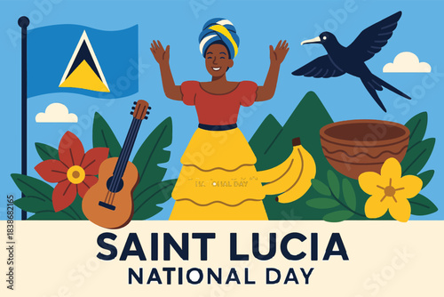 Wide Saint Lucia National Day Scene Illustration Featuring Flag Celebration Cultural Heritage Unity Minimal Layout