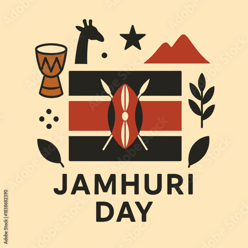 Square Jamhuri Day Icon Showing Kenyan Flag Colors National Pride Cultural Symbols Minimal Flat Illustration