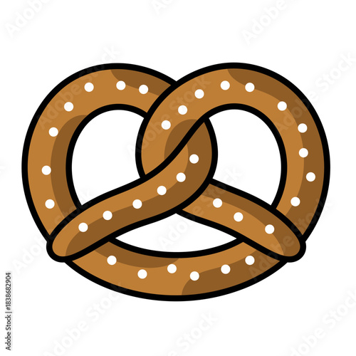 A stylized pretzel illustration with a brown, knot-shaped pastry sprinkled with white dots, commonly enjoyed as a snack or treat