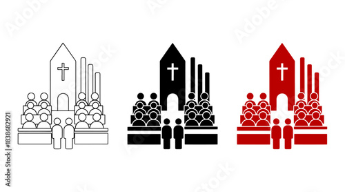 Set of three icons representing a church service, congregation, and religious gathering
