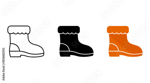Winter fur lined boots icons set in outline, solid, and color styles