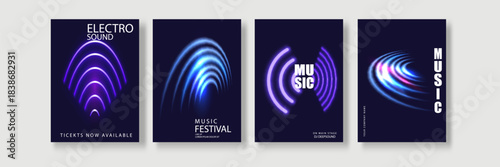 Music poster design background vector set. Electro Sound Cover template with vibrant abstract gradient geometric shape and line wave. Ideal design for social media, flyer, party, music festival