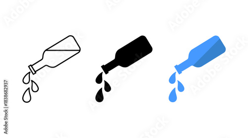 Set of three icons representing a bottle pouring liquid, outline, solid, and color
