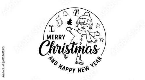 Merry christmas and happy new year greeting badge with child ice skating line art