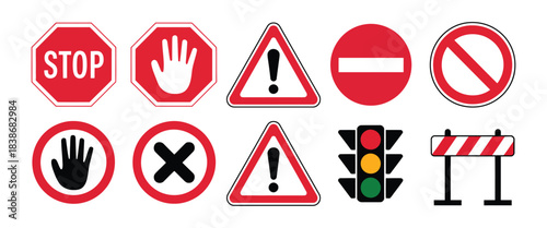 Road Safety Signs and Symbols Collection, a professional illustration pack including stop signs, warning triangles, prohibition symbols, no entry icons, traffic lights, and barriers suitable 
