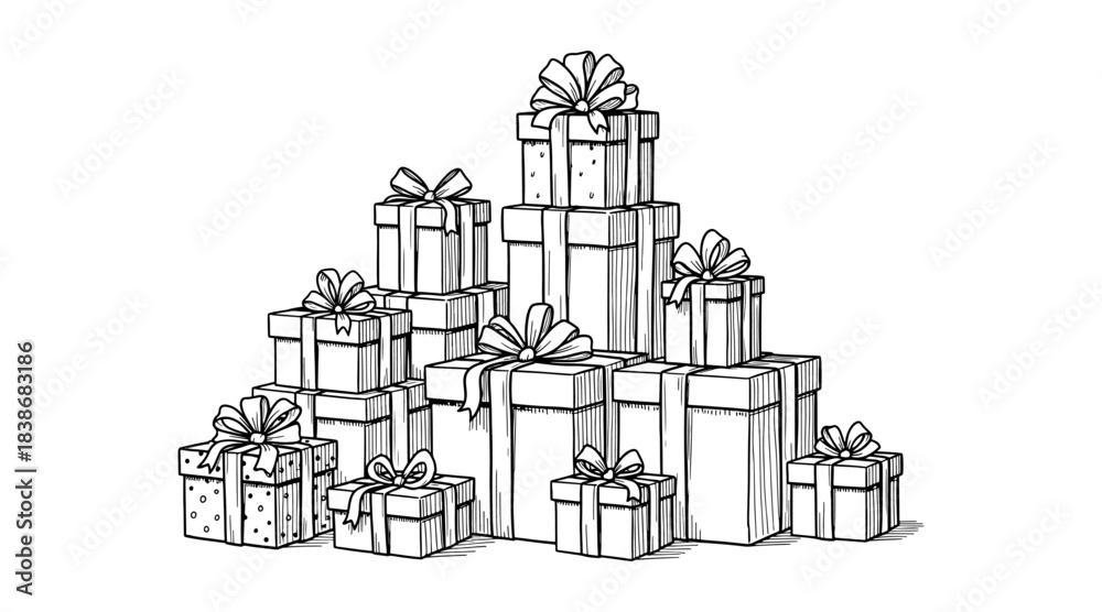Fototapeta premium Stack of hand drawn gift boxes with bows