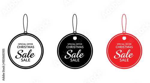 Christmas sale tags set black outline, solid black, and solid red variations