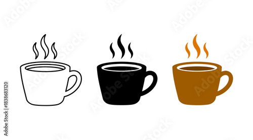 Set of three hot coffee mugs icons outline, solid black, and brown color