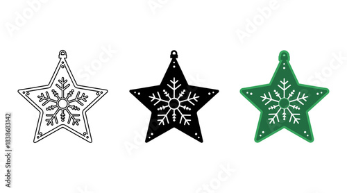 Set of three christmas star ornaments with snowflake inside, outline, solid black, and green icon