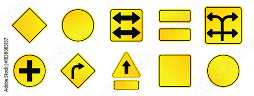 Set of yellow road signs with arrow. Blank street traffic symbols, stopping boards. Signaling plates vector set. Signal road for control traffic collection illustration.