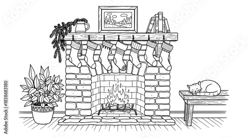 Christmas fireplace with stockings, poinsettia plant, and sleeping cat outline