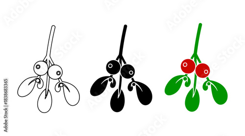 Illustrated mistletoe berries in monochrome and colour