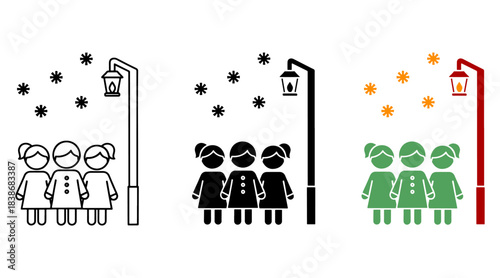 Children celebrating icon winter holidays. Three Variant Colour 