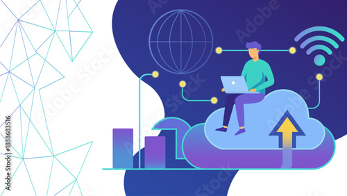 Man using laptop on cloud for global network connection