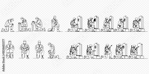 Set of line art drawings of soldiers kneeling and mourning at gravestones, depicting remembrance and respect.