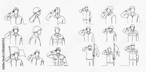Continuous line drawing of soldiers saluting, military personnel in various poses with helmets and flags.