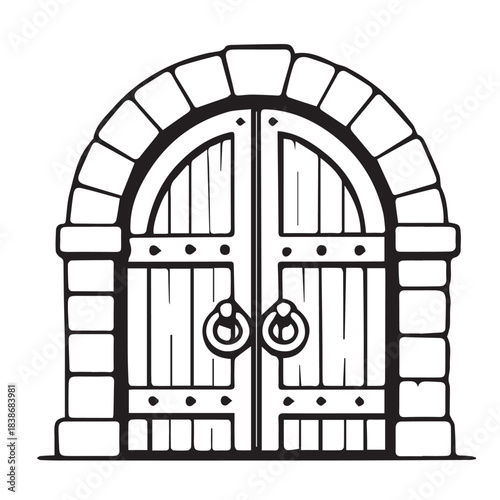 A clean vector depiction of a traditional kingdom style castle door, designed with tall wooden planks, ornate metal hinges, and a grand arch that conveys historic strength and regal charm.