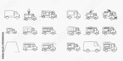 Set of various line art food trucks and delivery vans for street food and catering services.