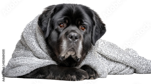 Black dog wrapped in a cozy blanket showcasing warmth and comfort in a relaxed indoor setting