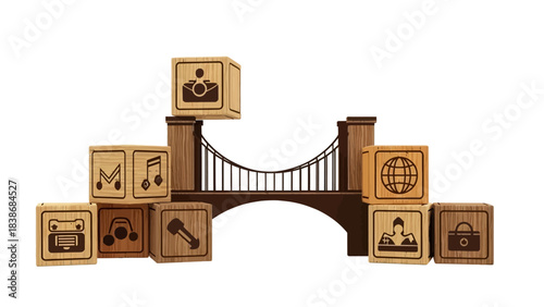 Wooden blocks with various icons on a bridge