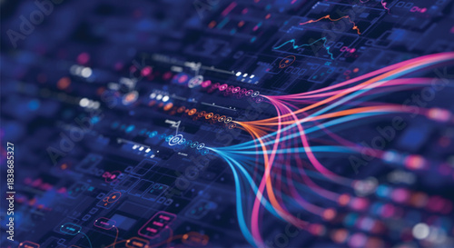 Big data technology Data science analysing artificial intelligence generative AI deep learning machine learning algorithm Neural flow network analytics innovation abstract futuristic. 3d rendering