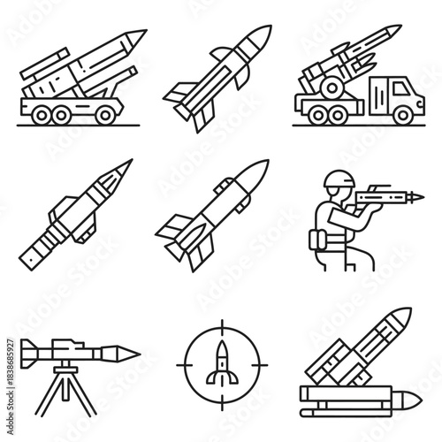 Rocket and Missile Launcher Icons Set, a professional vector series showcasing military rocket launchers, guided missiles, and weapon outline illustrations