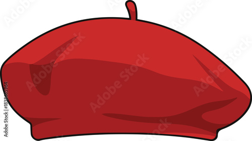 A simple vector illustration of a classic red beret hat, featuring a flat cartoon design with subtle shading and a black outline, often associated with French fashion or artistic style.