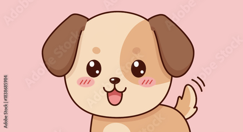 A charming and adorable brown and beige puppy vector illustration, featuring a happy face and wagging tail on a soft pink background.