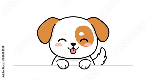 A charming and adorable cartoon puppy, depicted in a clean vector illustration, happily peeks over a white surface with a cheerful expression.
