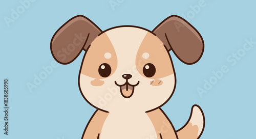 A charming and adorable brown and white cartoon puppy illustration with big expressive eyes and a playful tongue sticking out on a simple blue background.