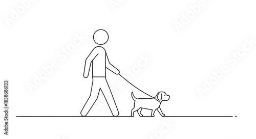 A simple minimalist line art vector illustration depicts a stick figure person walking their small dog on a leash, isolated on a clean white background.