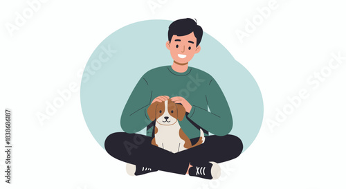 A cheerful young man sits cross-legged, gently petting his small, adorable dog, illustrating the joyful bond between pets and their human companion in a modern vector style.