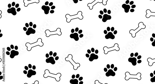 A charming seamless pattern features playful black dog paw prints and outlined bones scattered across a clean white background, perfect for pet-themed designs.