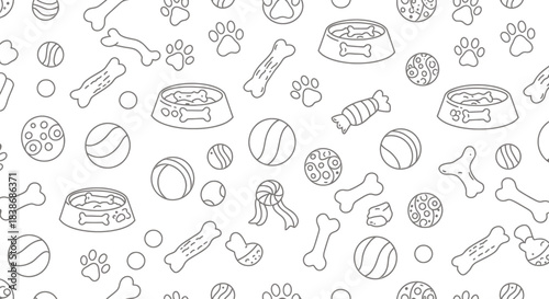 Seamless Pattern of Dog Toys, Bowls, Bones, and Paw Prints Line Art