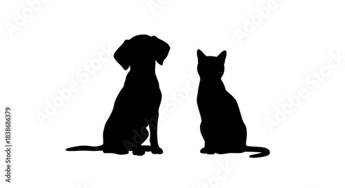 A sleek black silhouette of a domestic dog sitting next to a graceful cat, both rendered as clean vector graphics on a pure white background.