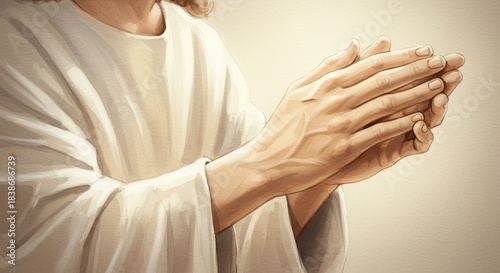 Hands of Jesus praying with clasped fingers in soft light background  