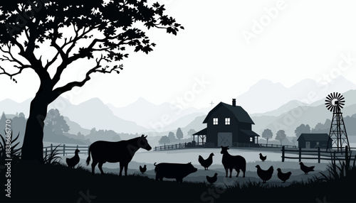 Black and White Silhouette Farm Landscape with House, Animals, and Rolling Hills