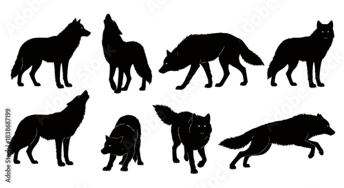 A collection of striking black wolf silhouettes in various dynamic poses, including howling, standing, and running, isolated against a clean white background.