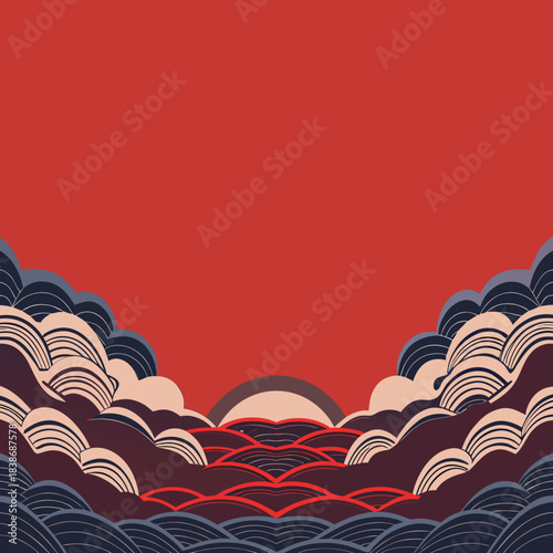 Celestial Symphony: An artistic display evokes the drama of a sunset over rolling seas, with stylized cloud formations framing the sun's radiant descent.