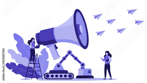 Diverse People Collaborate With Robotic Arm and Giant Megaphone Announcing Message with Paper Airplanes Flying in Purple Tones