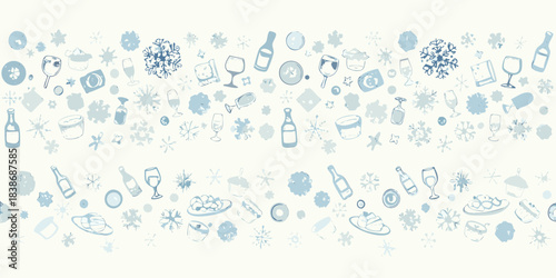 A festive winter pattern featuring drinkware food and delicate snowflake motifs