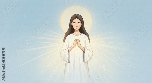 Serene young woman in white robe with clasped hands and golden halo, radiant divine light, illustration of deep prayer and inner peace ,  copy space