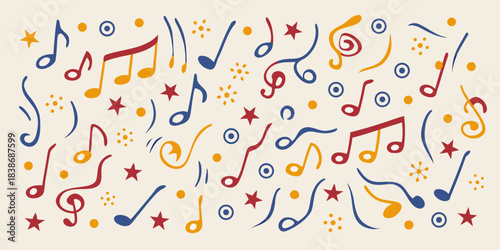 Colorful musical notes and symbols scattered across a light beige background