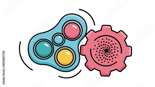Fidget toy with pink cogwheel in pixel art style against black background showcasing teal blue and pink colors with yellow accents on a simple geometric design and a sense of playful engineering