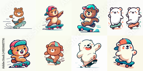 vector illustration set of cartoon bears playing skateboard