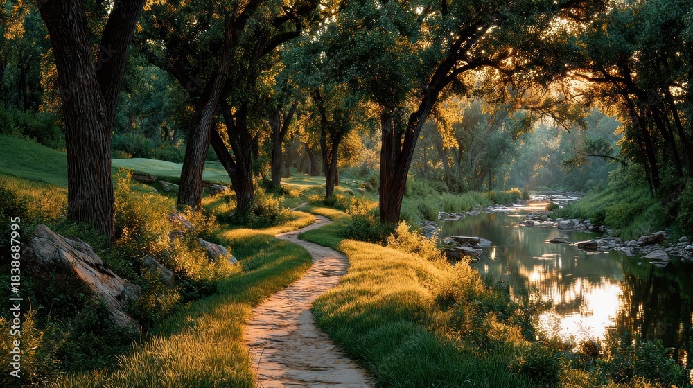 Fototapeta premium Sunlit path through trees by a stream